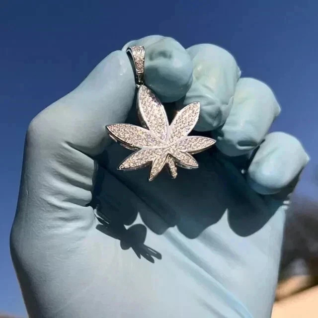 2Ct Round Cut Real Moissanite Marijuana Weed Leaf Pendant 14K Gold Plated