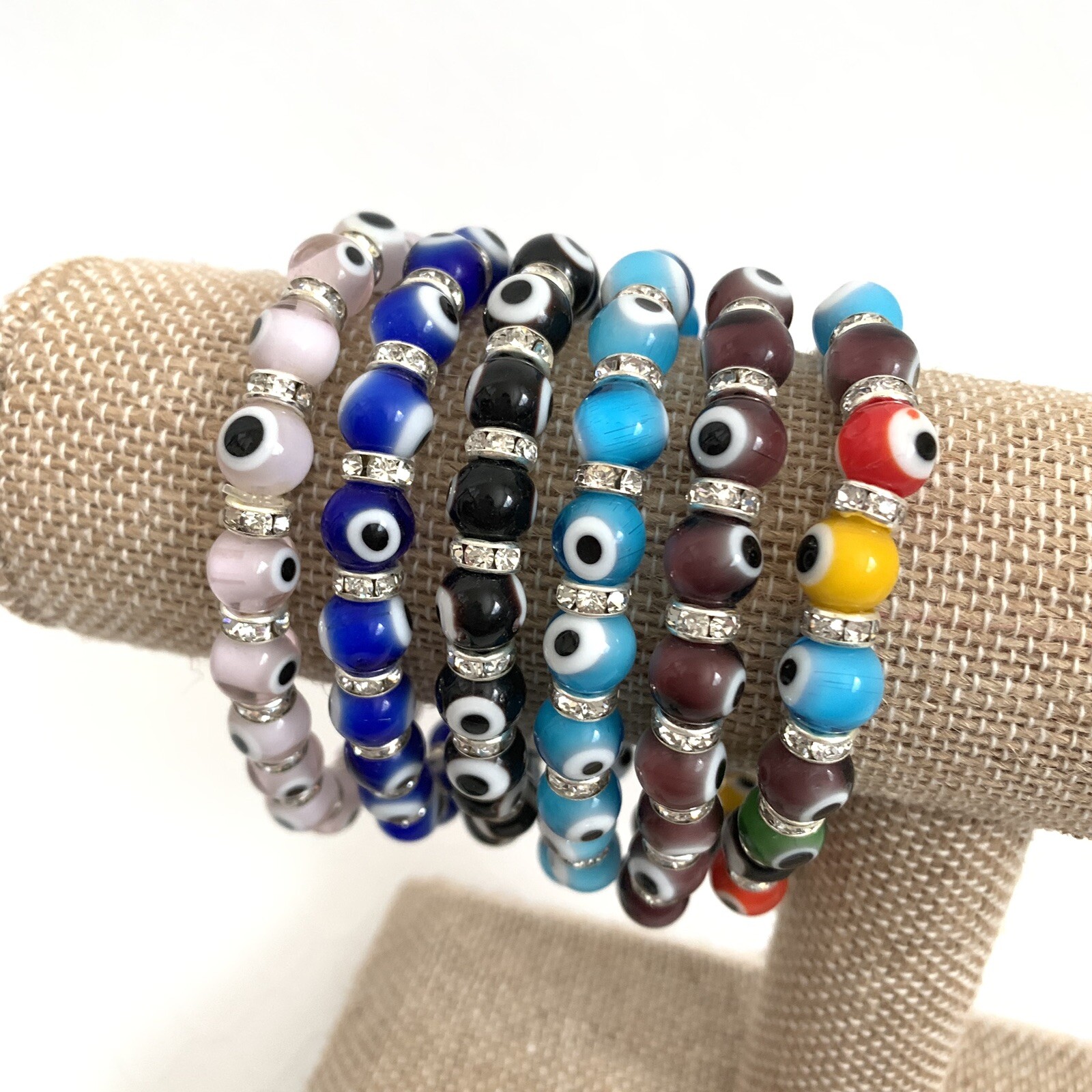 Evil Eye Bracelets Medium Glass Beads Crystals Elastic String Many Colors Stack