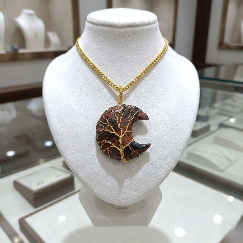 Crescent Moon Jasper Pendant 40-45Ct | Tree of Life Gold Wire Wrap Necklace