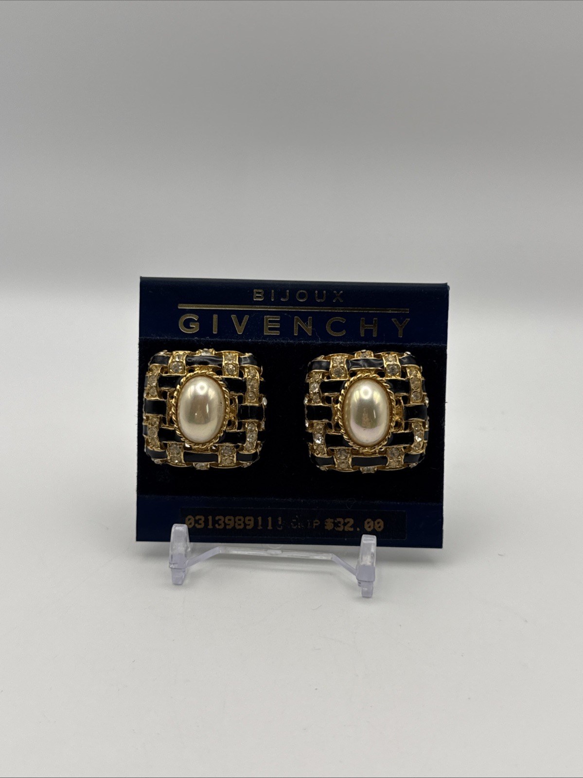 Vintage Givenchy Bijoux Faux Pearl Gold Tone Square Pierced Earrings