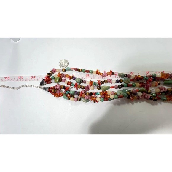 Vintage Sterling Semi Precious Gem Necklace 3 Strand Polished Natural Beads