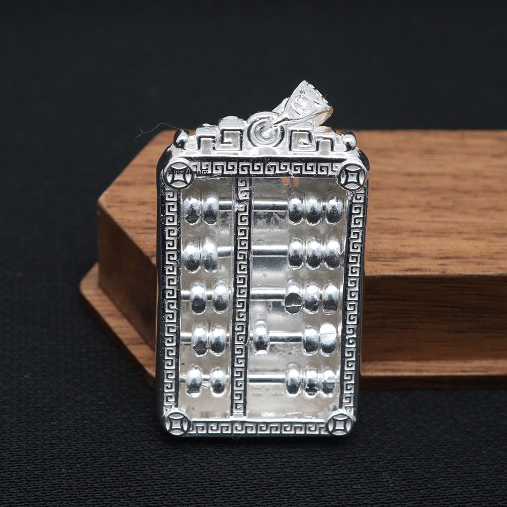 Solid 999 Fine Silver Pendant Lucky 福 Wealth Abacus Pendant Rotatable Beads