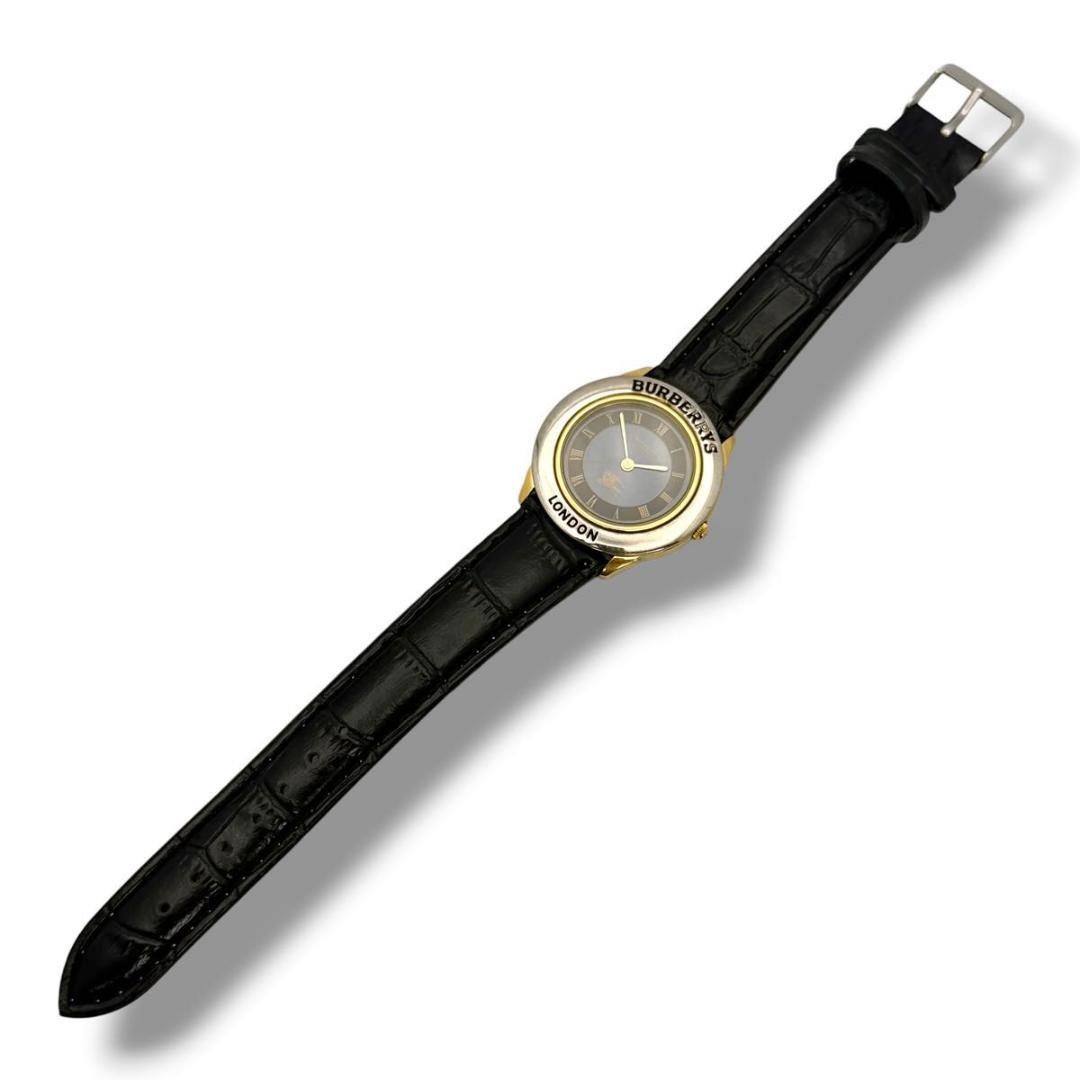 Burberry Mens Quartz Watch 3000 33mm Silver Gold Case Navy Dial Black Leather