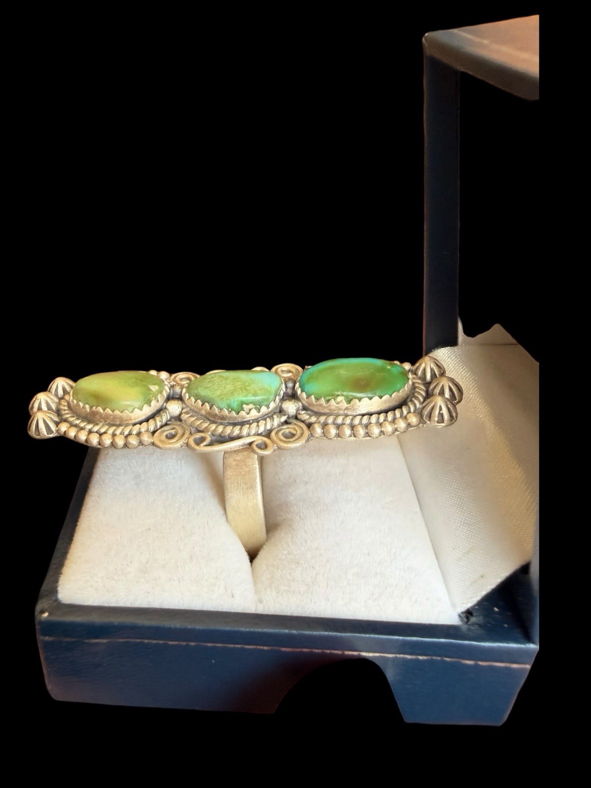 Beautiful Southwest Sterling Silver Triple Green Turquoise Ring See Description