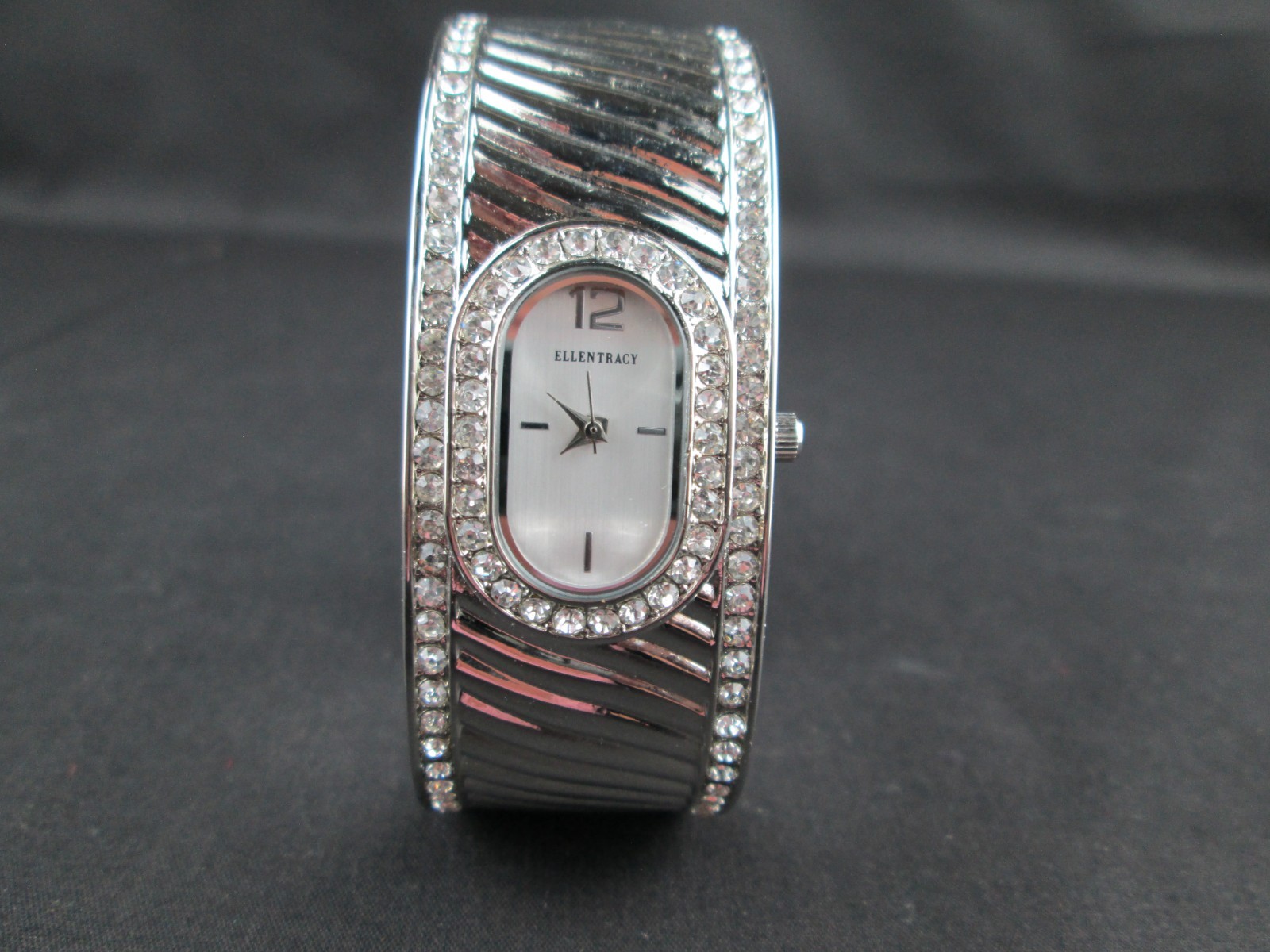 Women’s ELLEN TRACY Sliver Tone, Hinged Bangle Rhinestone Accent Watch ET5088SL