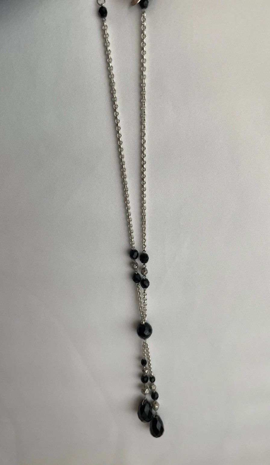 90s Vintage Black Crystal Beads Tassel Drop Boho Grunge Core MW Stamp Necklace