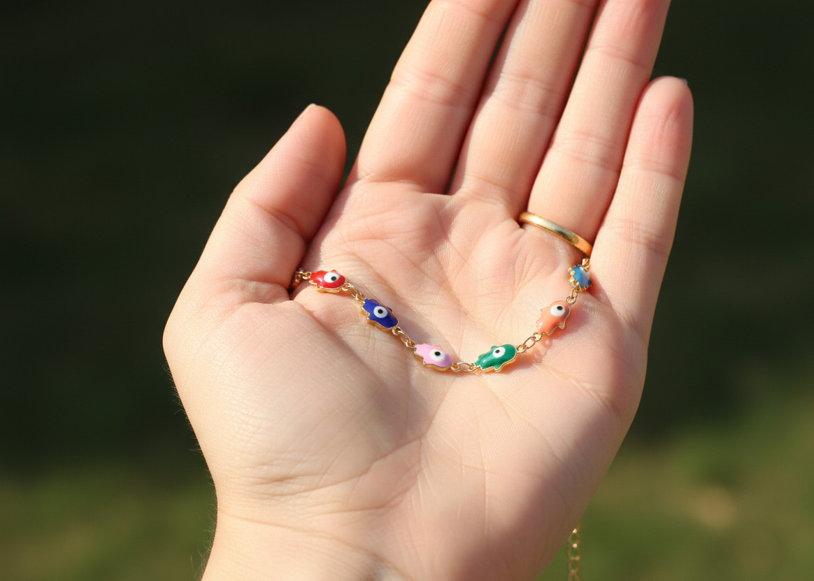 Evil Eye Hamsa Bracelet for Women, Rainbow Enamel Charm Bracelet, Gold Chain