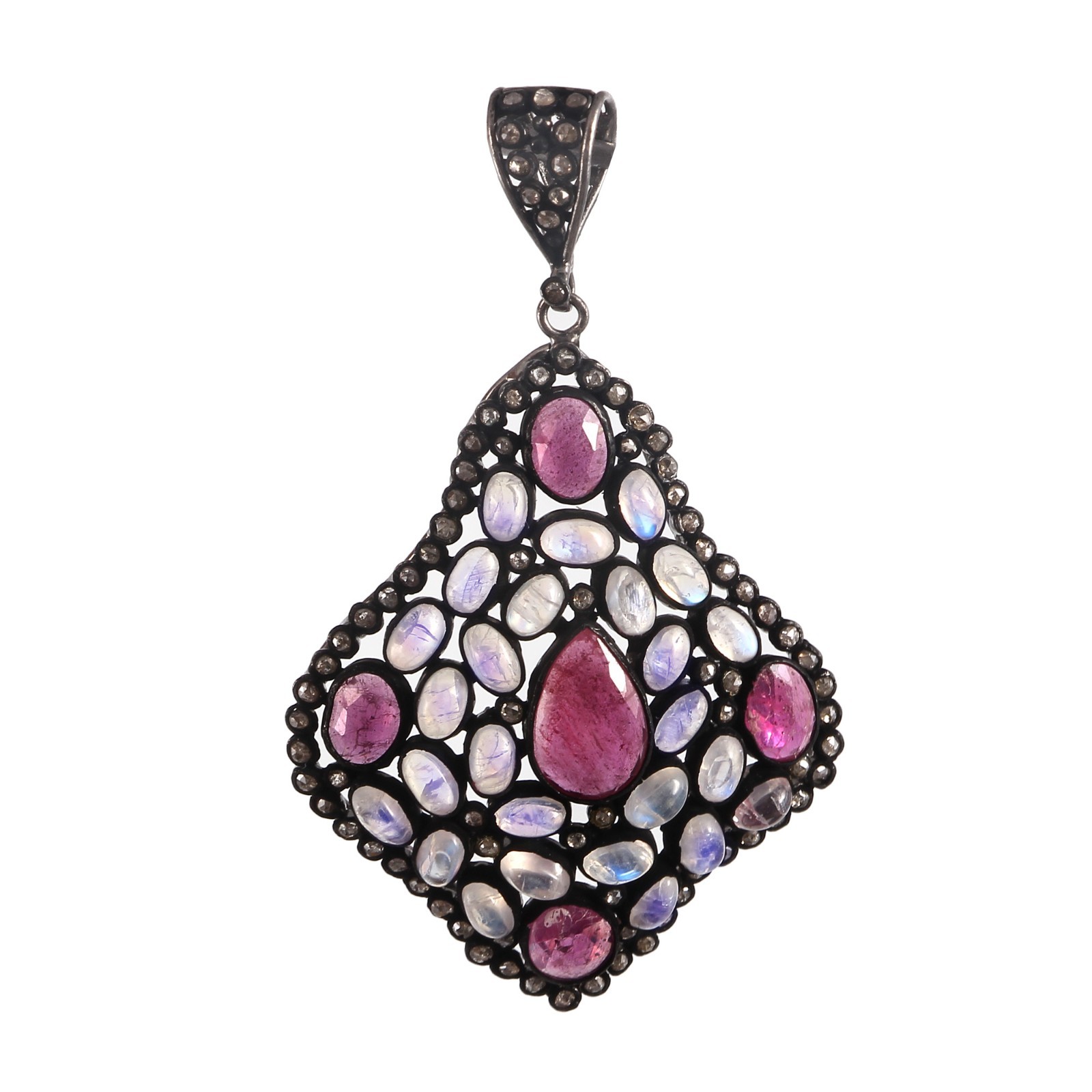 Natural Ruby Diamond Rainbow Moonstone Pendant 925 Sterling Silver Handmade