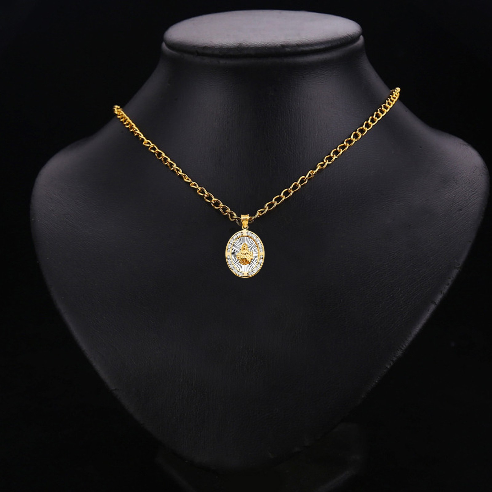 14K Two Tone Gold zirconia Oval Santo Nino De Atocha Pendant | 28mm x 17mm