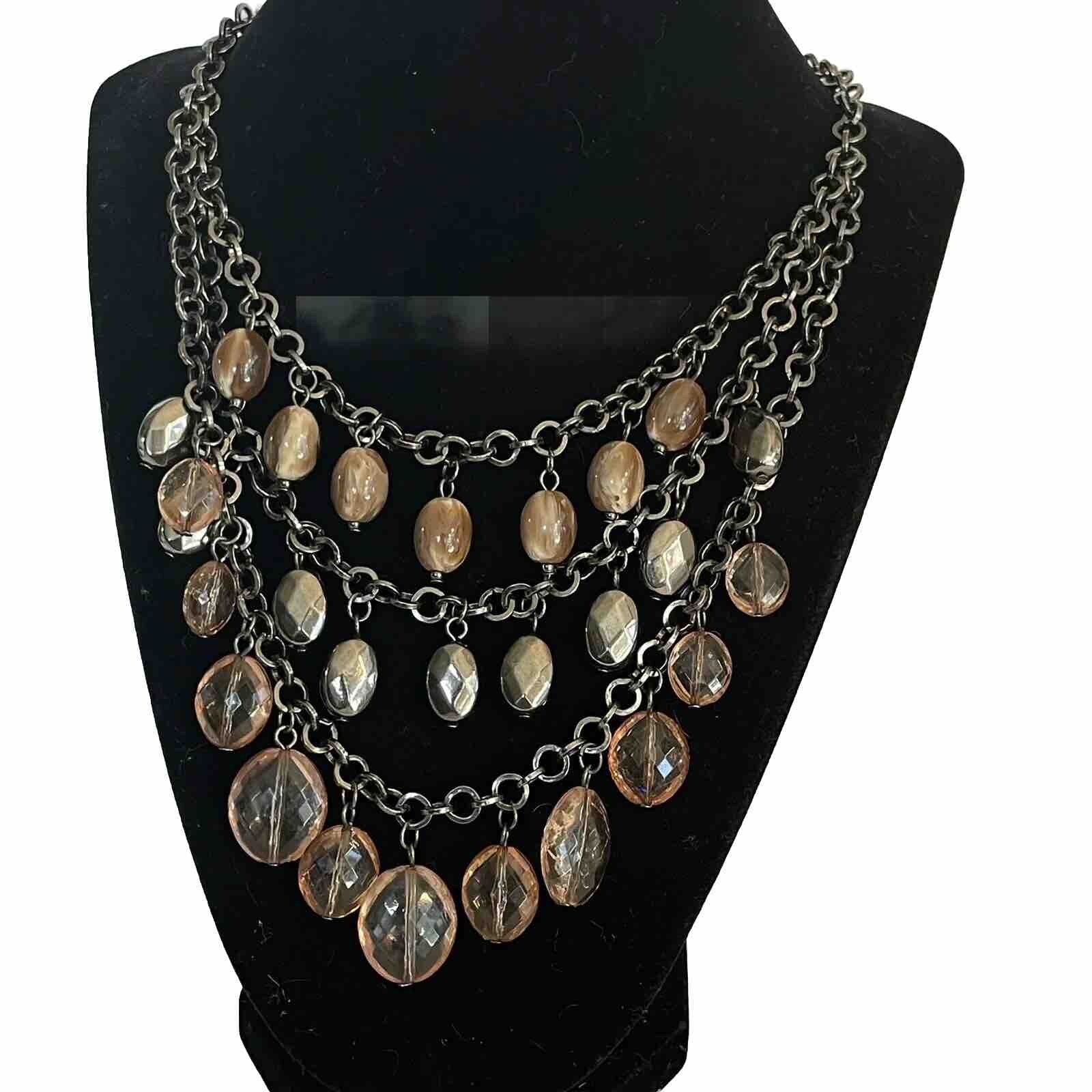 Neutral Multi Color Acrylic Waterfall Beaded Layered Bib Necklace Chandelier