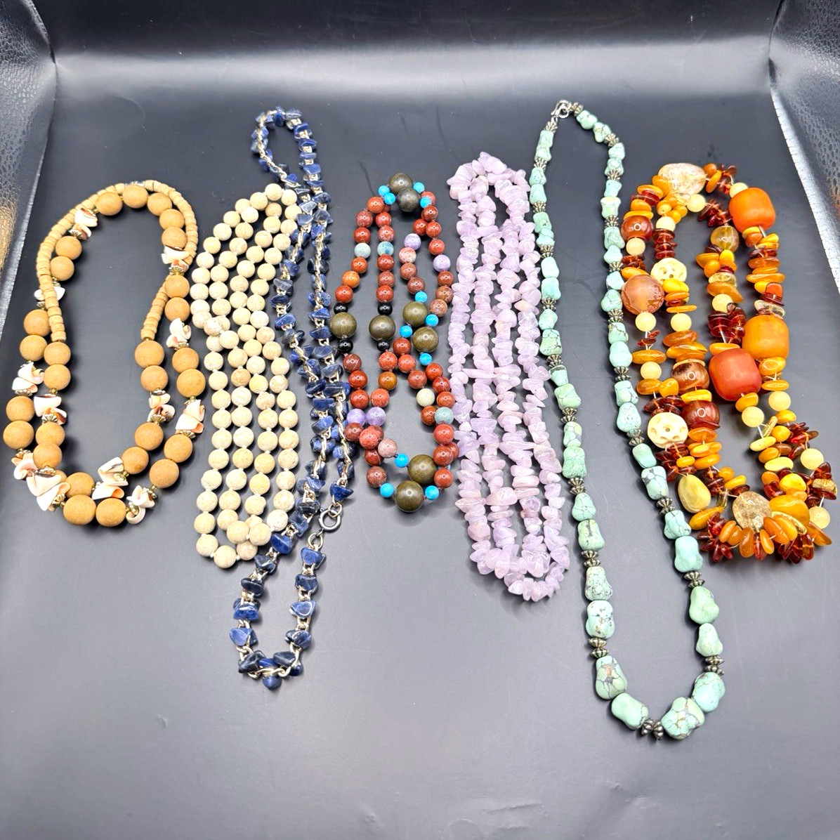 Vintage Lot 7 Stone Gemstone Necklaces Amber Amethyst Turquoise Sodalite Shell