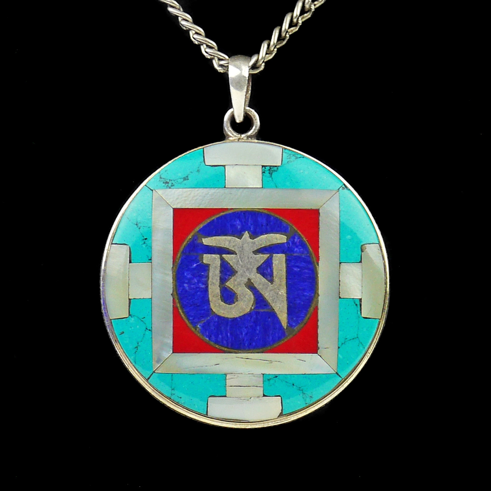 Amulet Silver Mother of Pearl Buddhist Turquoise Lapis Coral Round White Gift