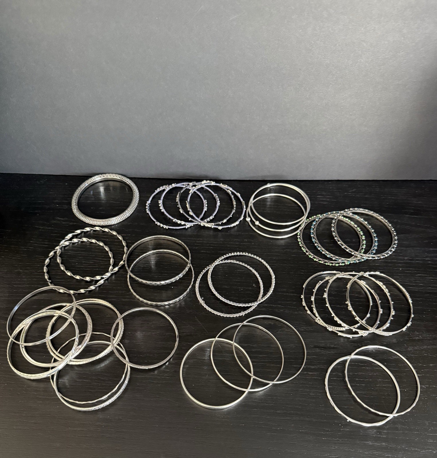 Lot Of 20+ Silver Tone Bangle Bracelets Thin Lightweight Stackable Textured