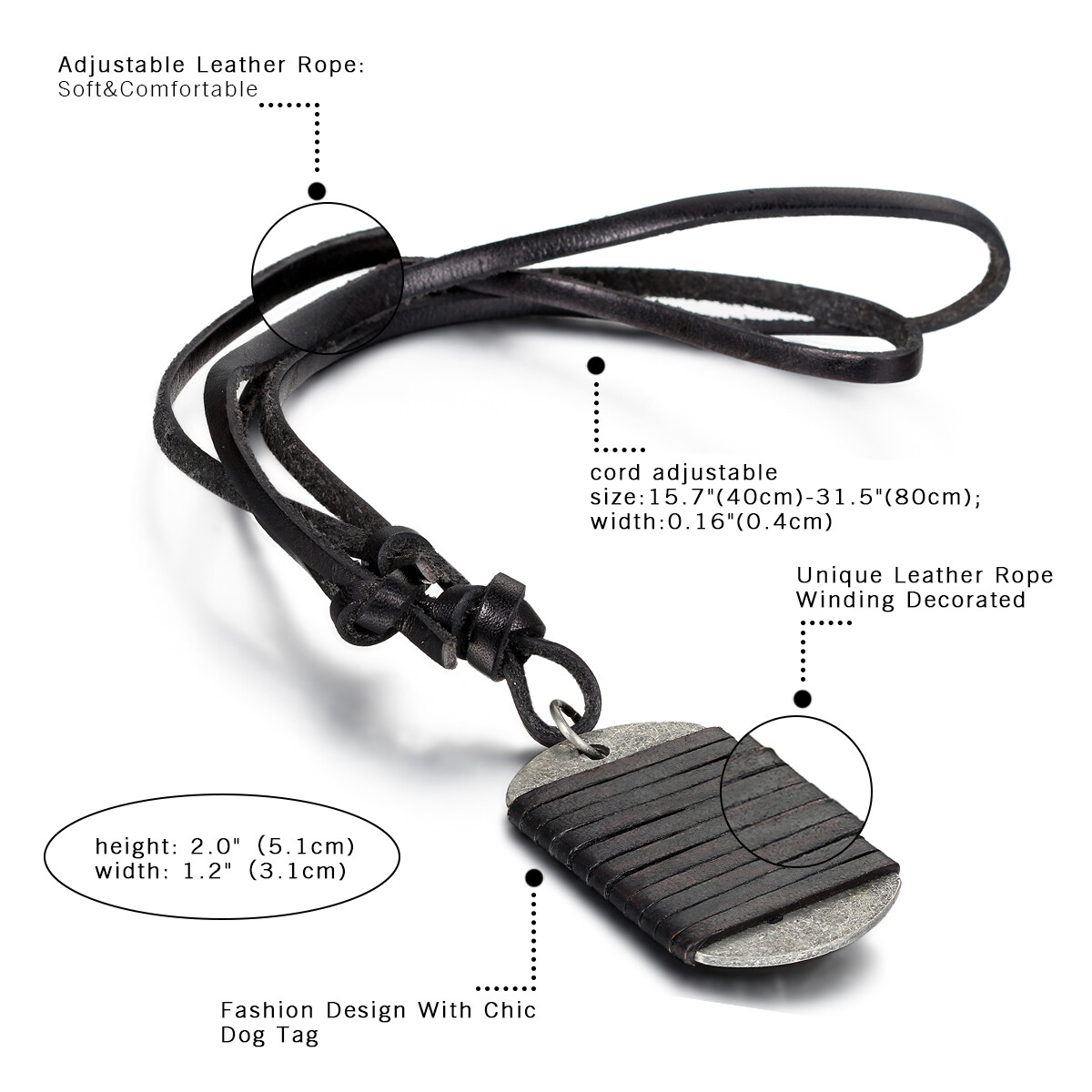 Army Military Dog Tag Men’s Black Leather Pendant Necklace w Adjustable Cord