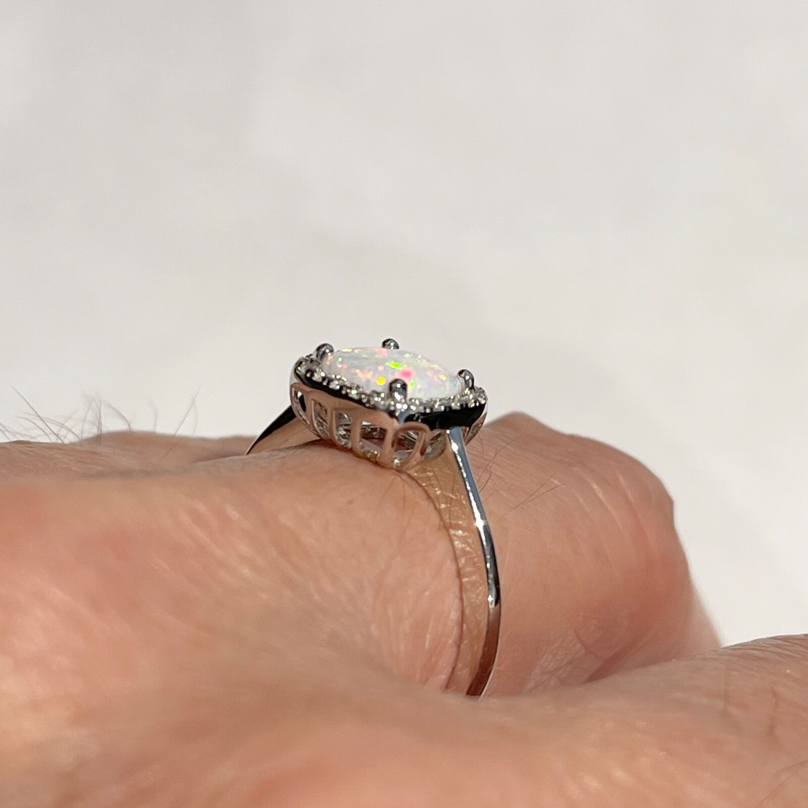 Sterling Silver Square White Lab Opal Ring, Silver Rings, CZ Ring, Wedding Ring