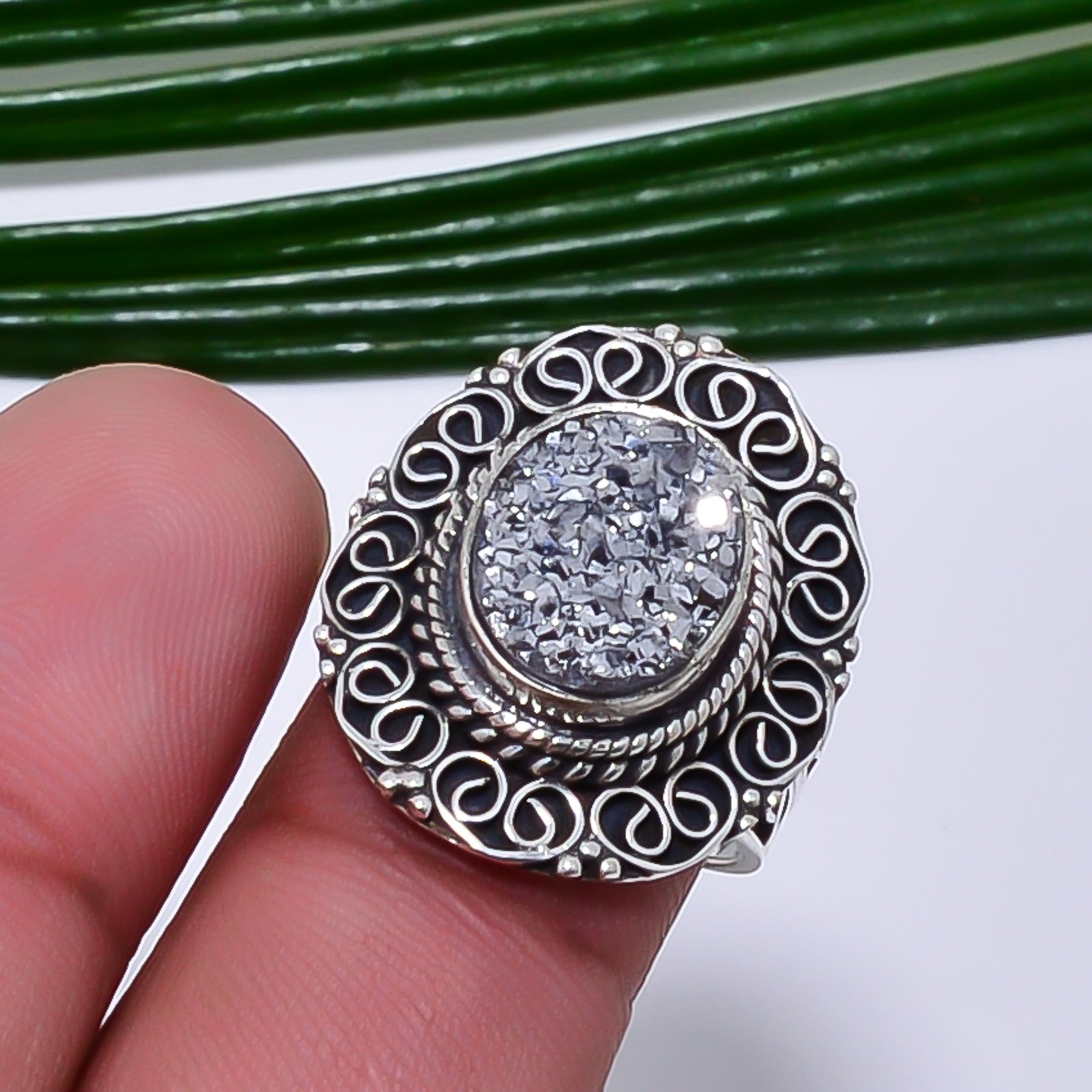 Silver Titanium Agate Drusy Fine Art Oxidised 925 Sterling Silver Ring S.6.5 R69