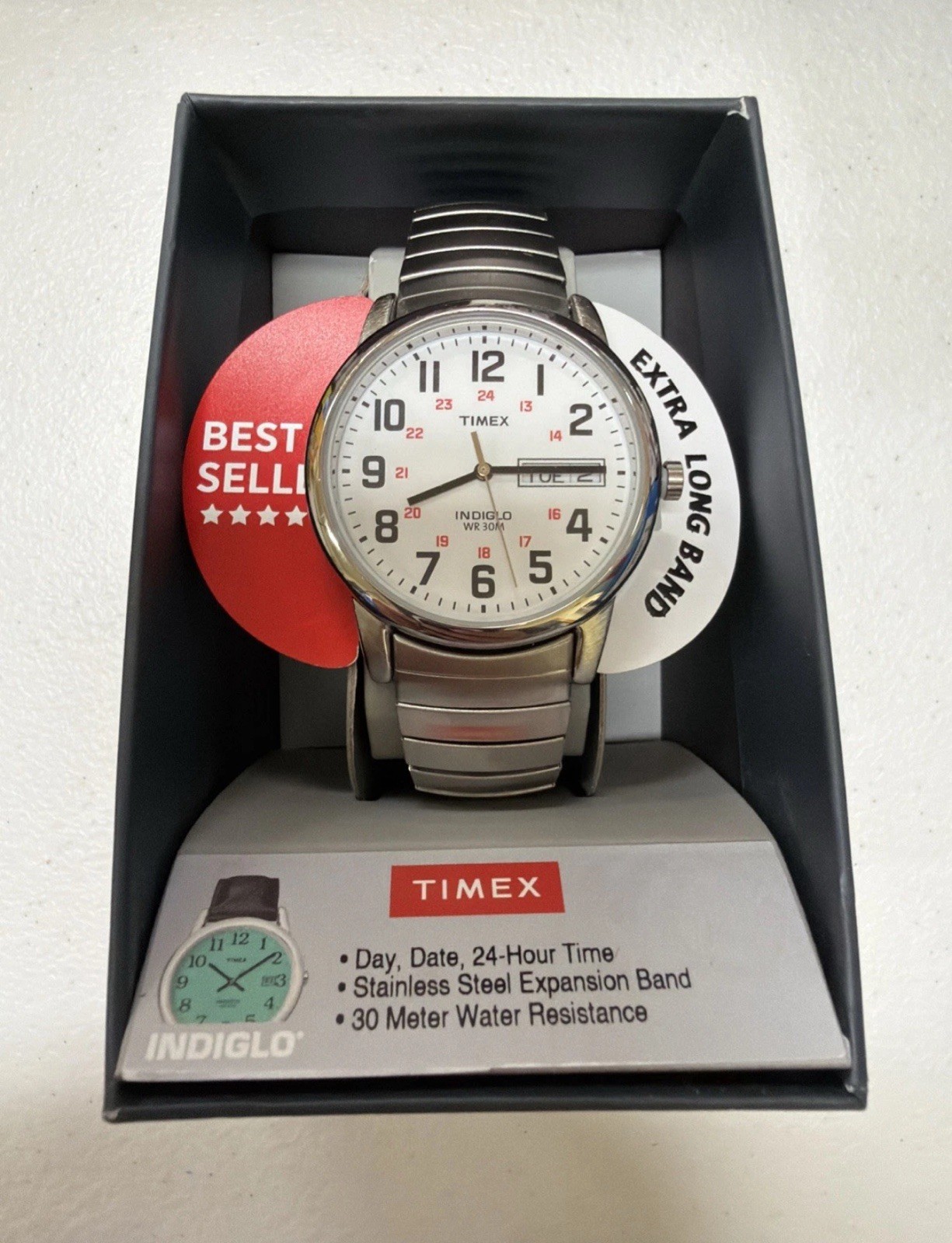Timex Men’s Indiglo Expansion Band Watch White Dial Day Date New