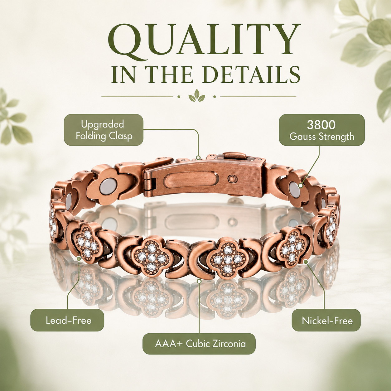 3800 Gauss Pure Copper Mag Bracelet Women,Infinity Clover,Pain Relief,Gift