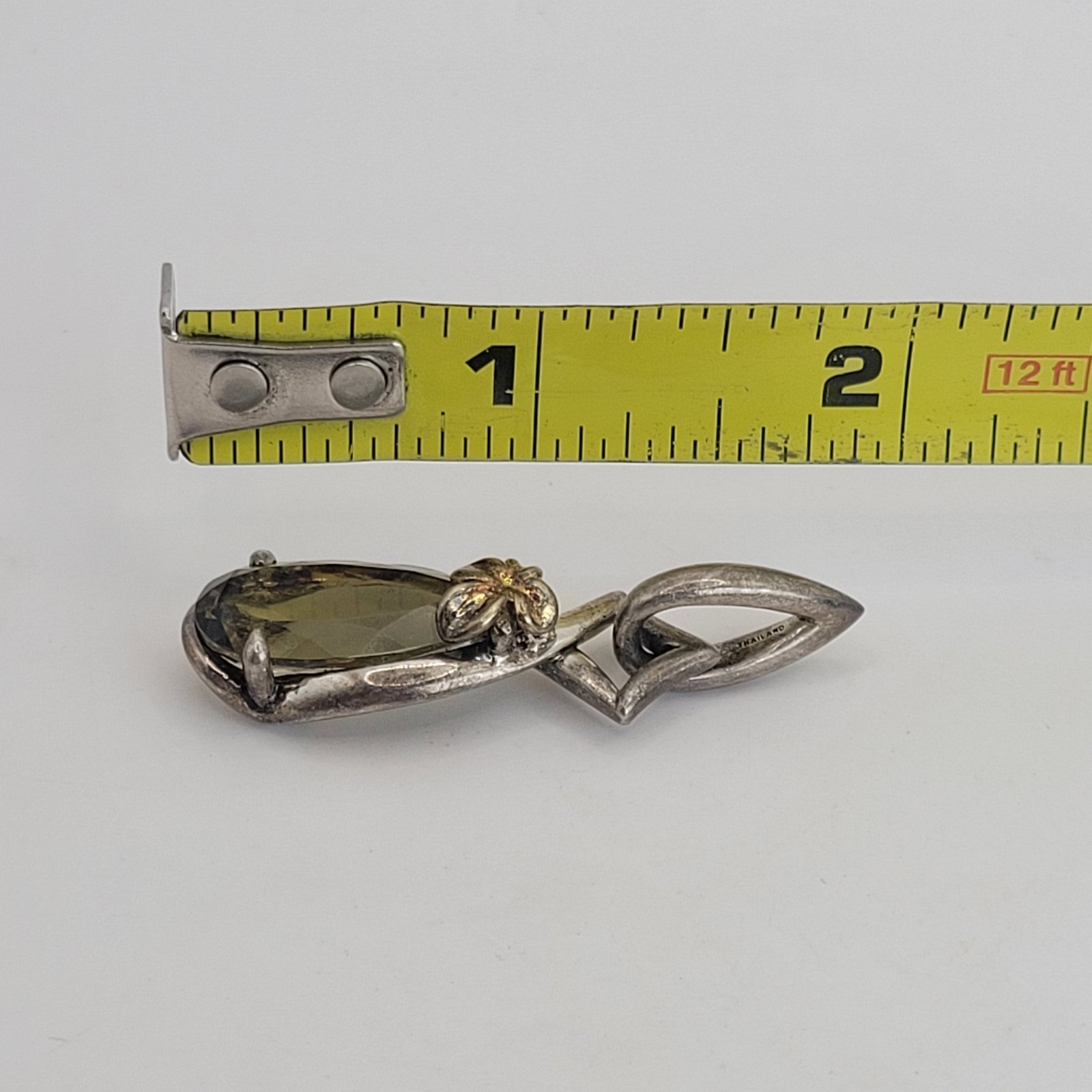 Ann King Vintage Sterling Silver 18K Gold Floral Green Quartz Teardrop Pendant