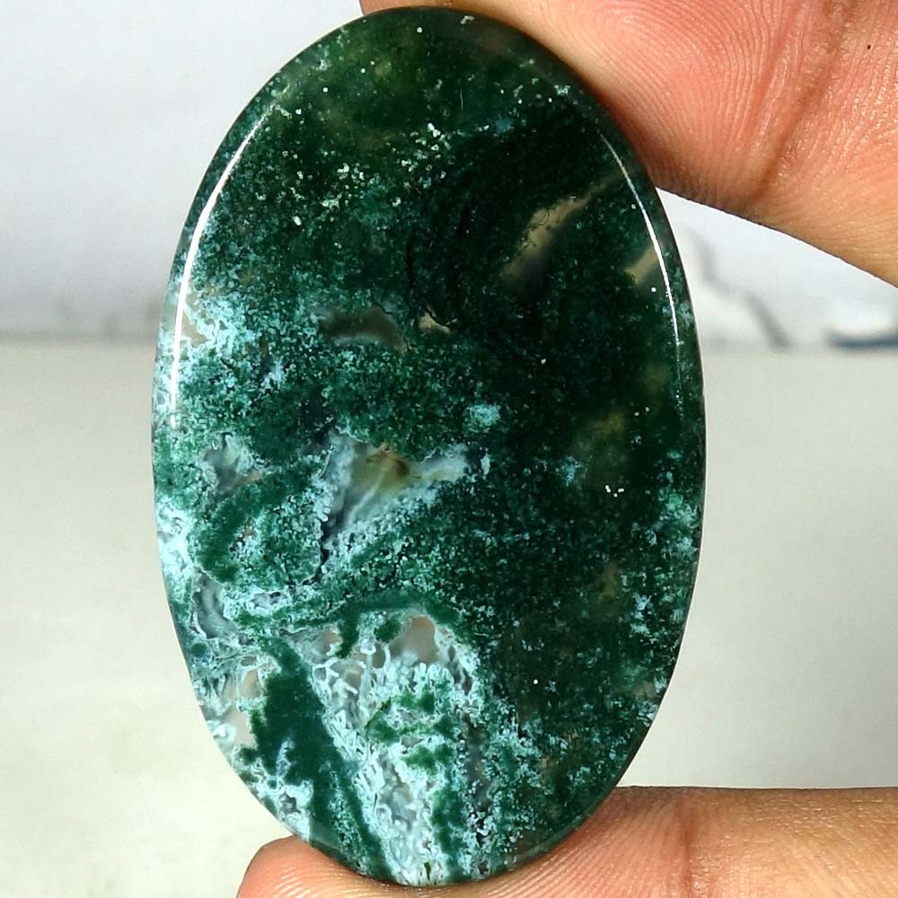 100% Natural Green Moos Agate Oval Shape Cab Rare Gemstone 74.95Cts 31x 49x 06mm