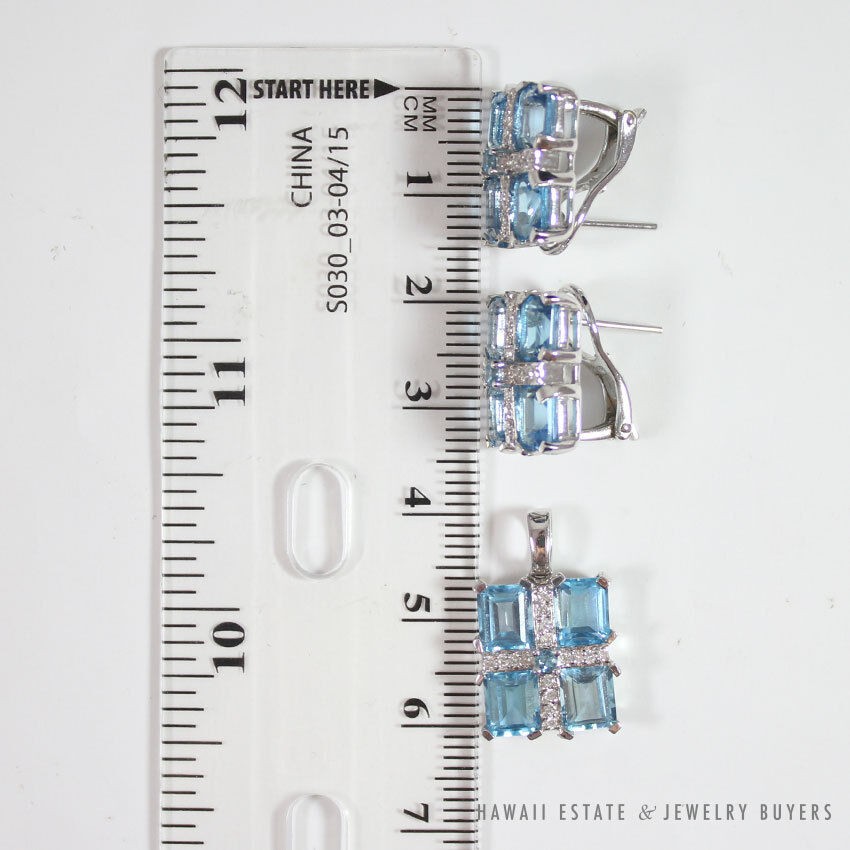 Effy Sky Blue Rectangular Topaz & Diamond 18K White Gold Earrings & Pendant Set
