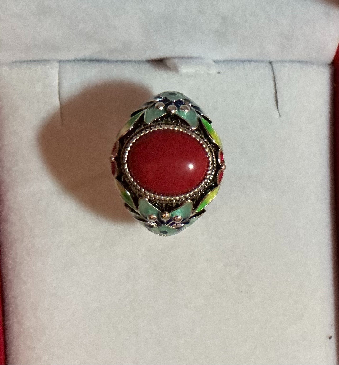 Vintage Tibetan Style 925 Sterling Silver Enamel Ring Red Coral Paste Cabochon