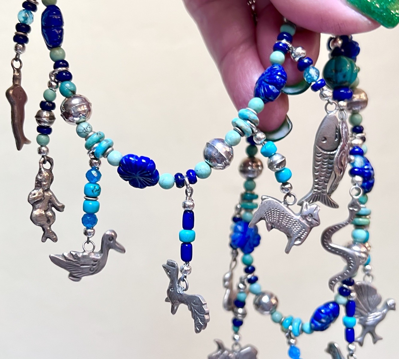 LOVELY Southwest Artisan Sterling Silver Turquoise, Lapis Milagro Charm Necklace