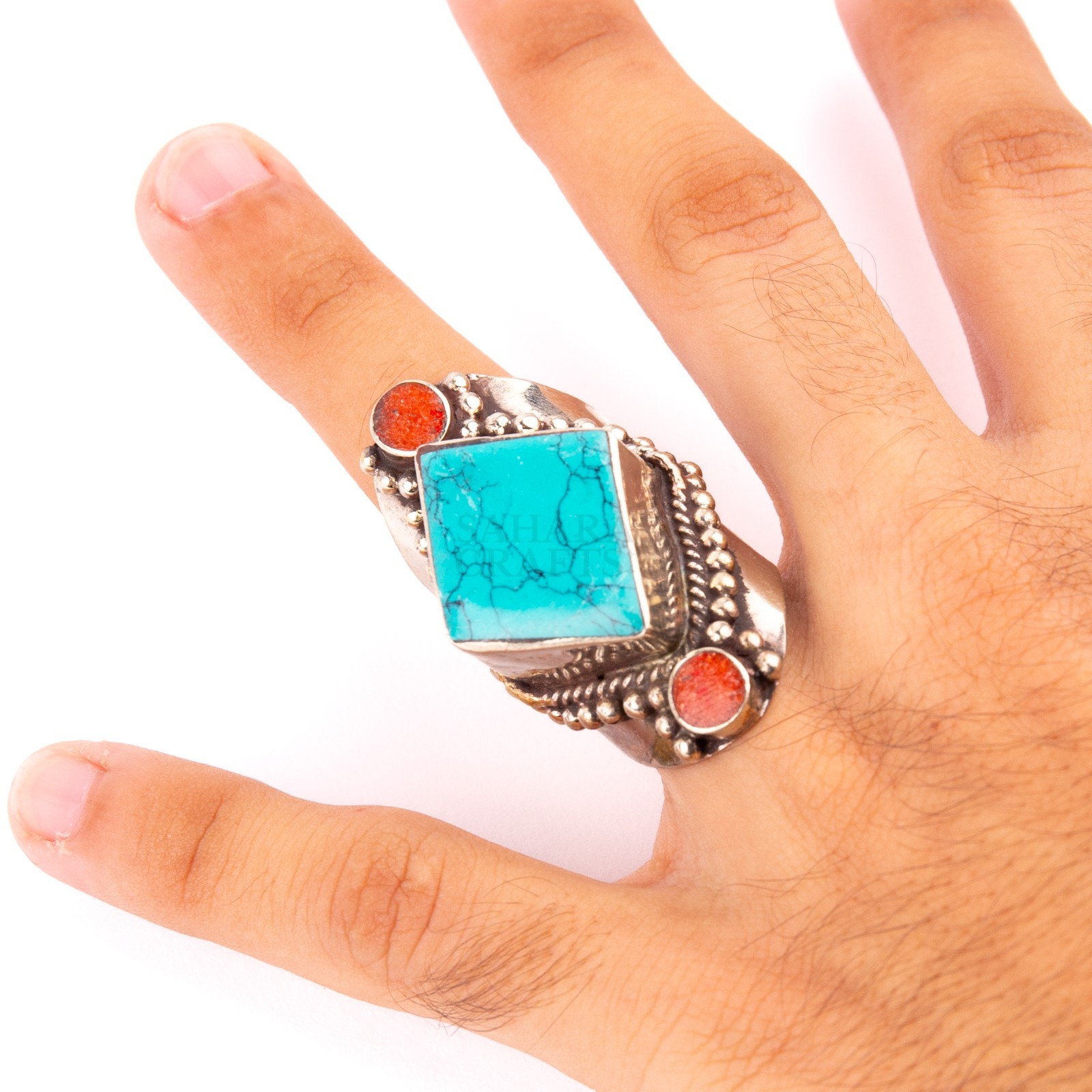 Tibetan Ring, Red Coral Turquoise Stone, Traditional Tibetan Bead Jewelry, 9.25