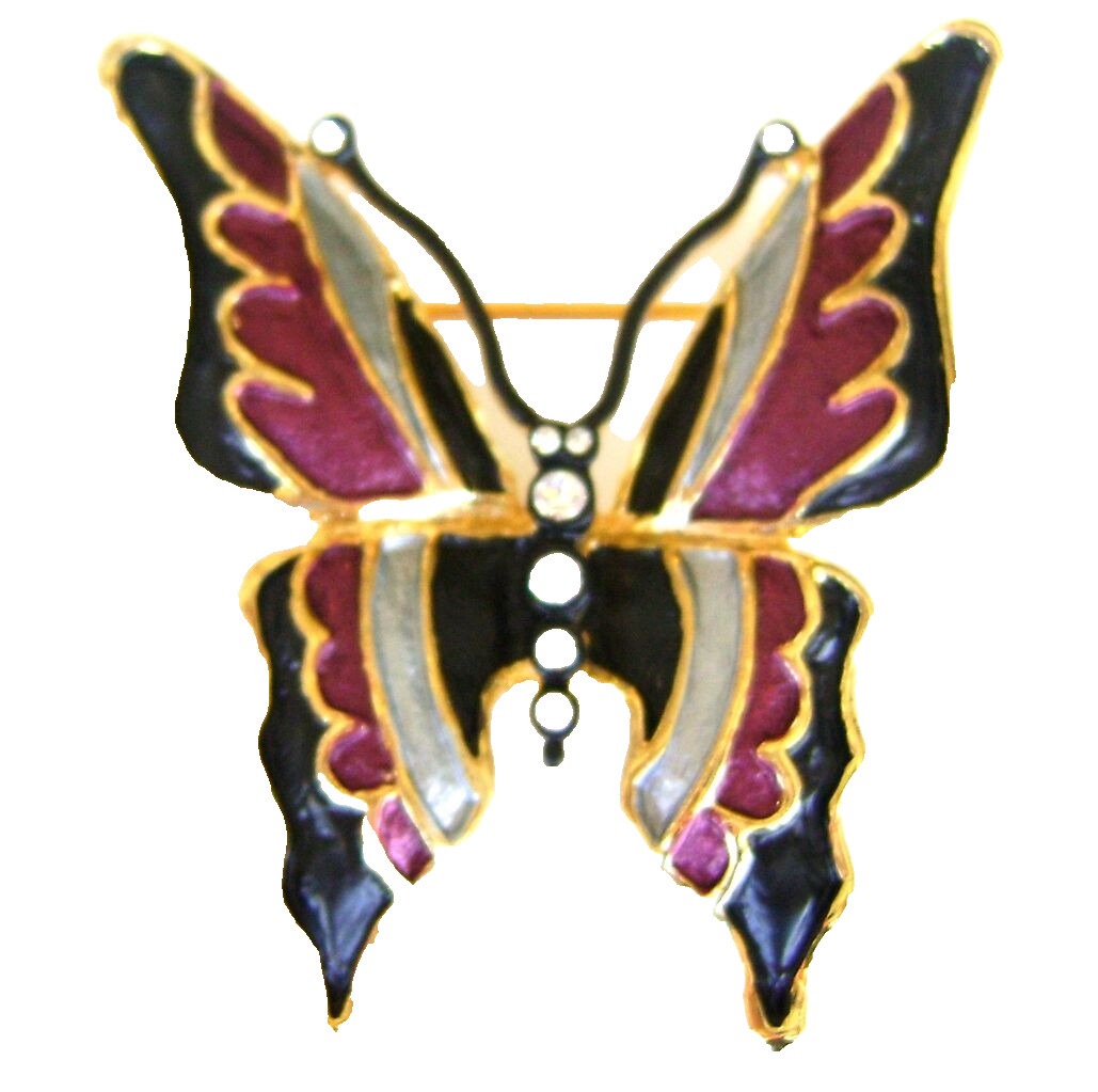 Butterfly Brooch Black Gray Enamel Clear Crystal Yellow Gold Plated Metal Pin