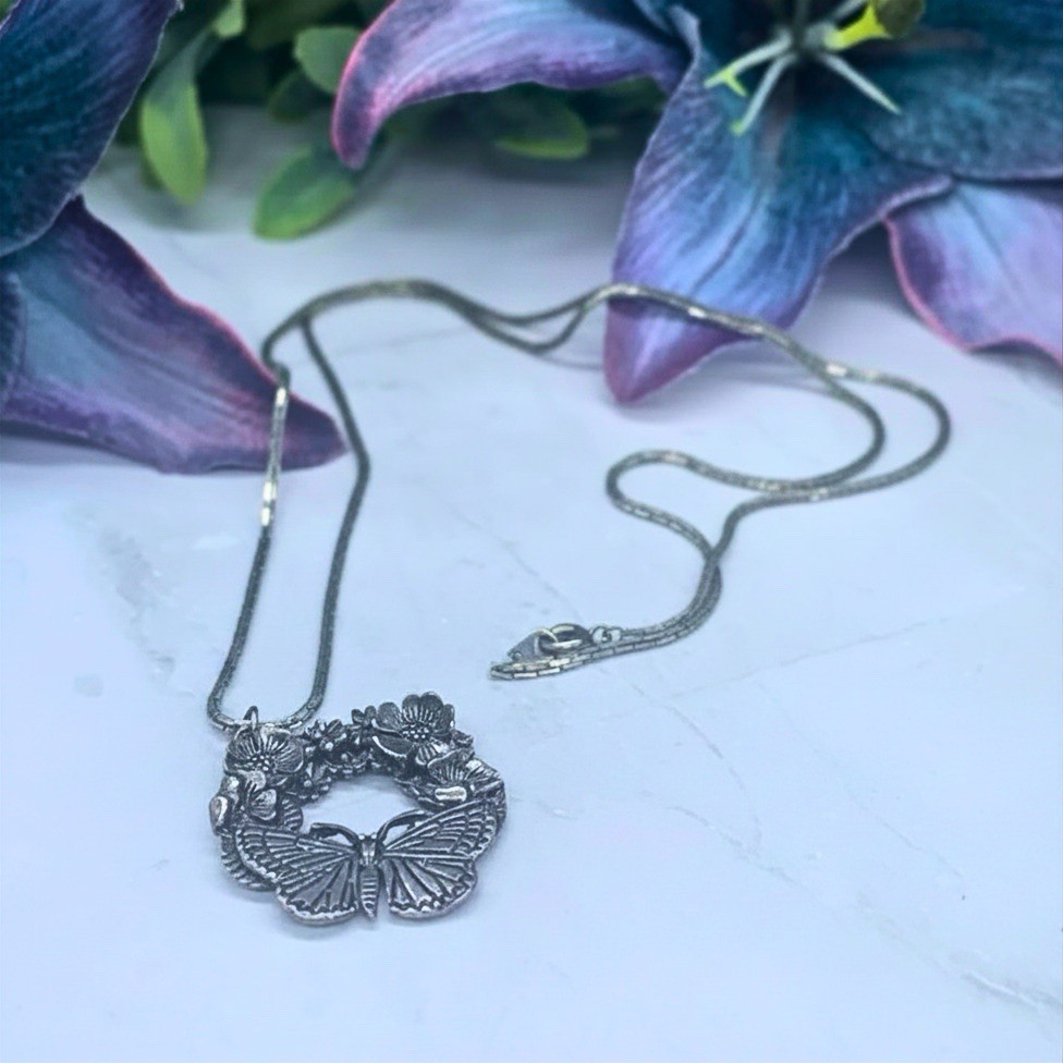 Silver Round Floral Wreath Butterfly Design Pendant • Marked MAST