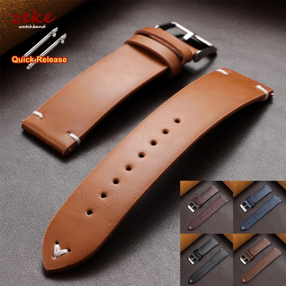 Vintage Oil Waxed Cowhide Watch Strap Quick Release genuine Leather band 18-22mm