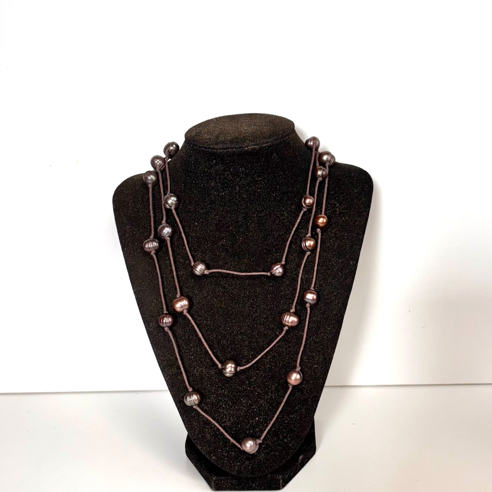 PEARL necklace purple brown peacock semi round potato freshwater brown cord 60″