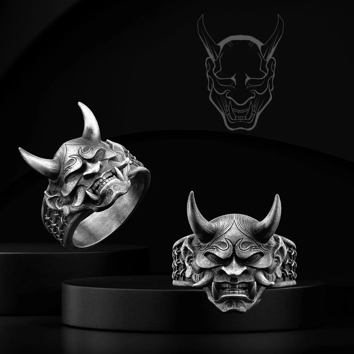Japanese Hannya Mask Ring 925 Sterling Silver Oxidized Ring Duty Free
