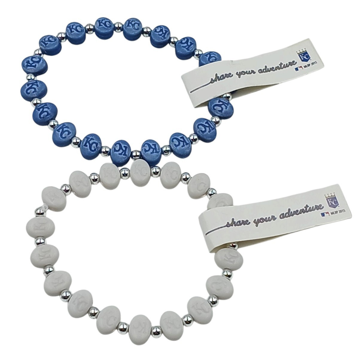 TRRTLZ MLB KC Royals Stretch Bracelet 2 pc Blue And White Silver Bead Spacer
