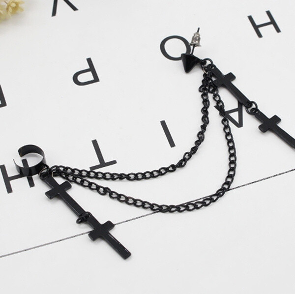 Gothic Punk Cuff Dangle Drop Cross Earrings- Long Chain Stud Tassel, Gift, Black
