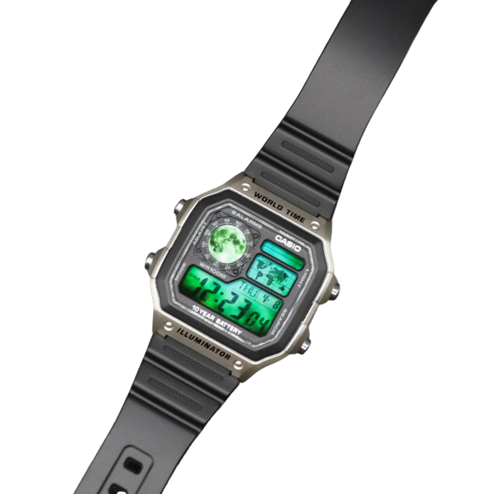 CASIO AE-1200WHD Royale World Time Watch Mod Lunar Green Display
