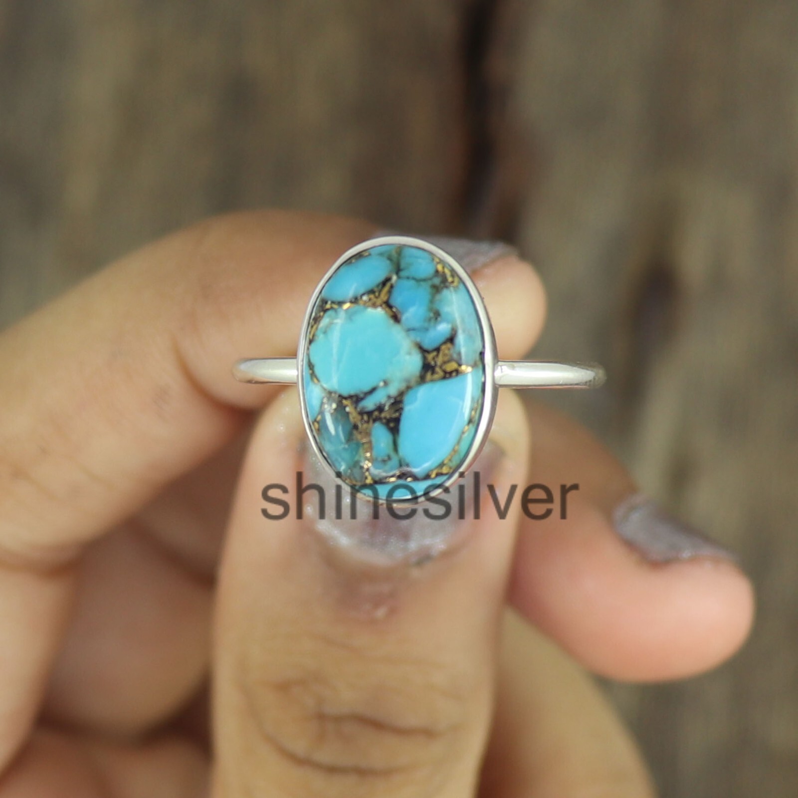 Copper Turquoise Ring 925 Sterling Silver Boho Statement Handmade Girls Gift