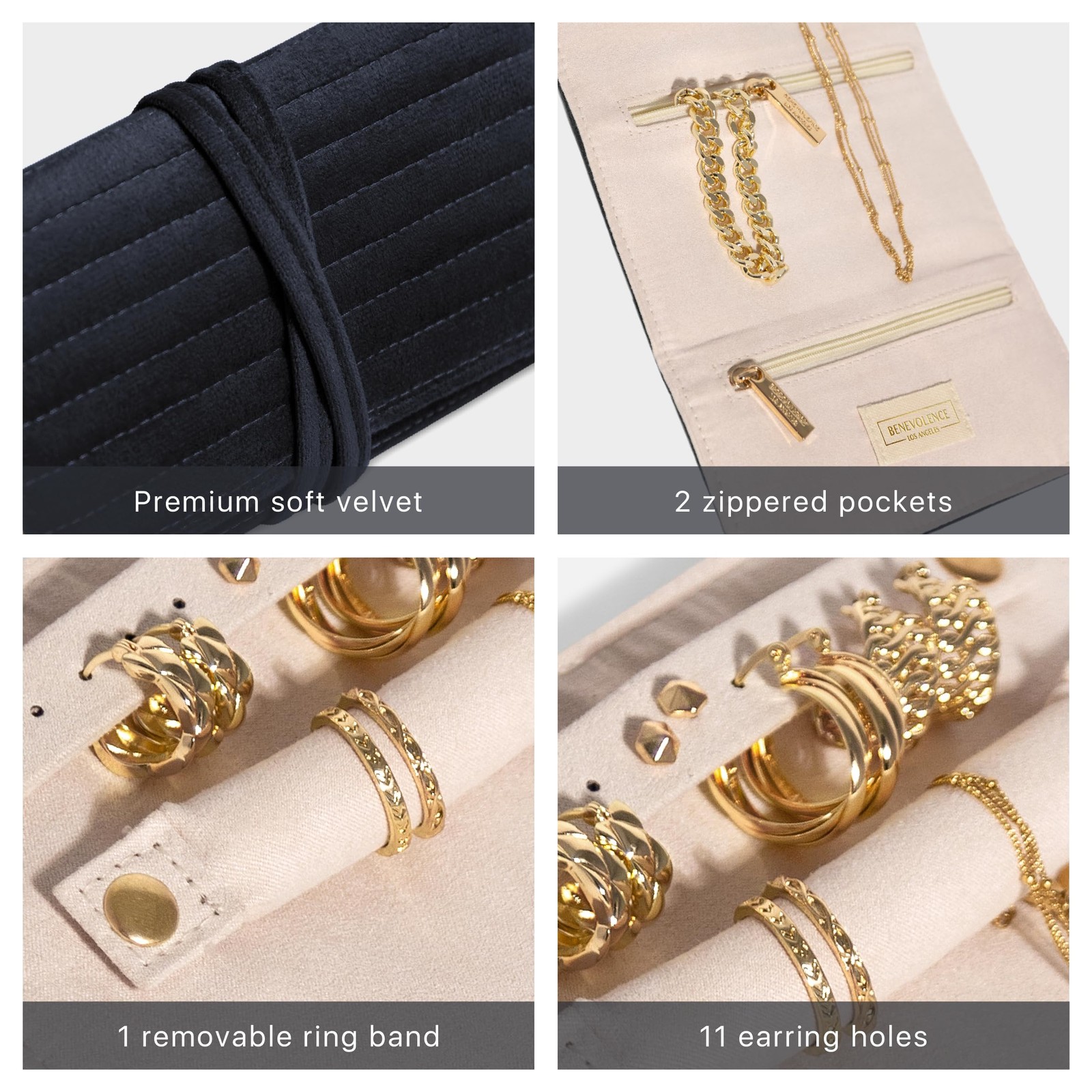 Benevolence LA Travel Jewelry Roll Organizer | Velvet Case for Ebony