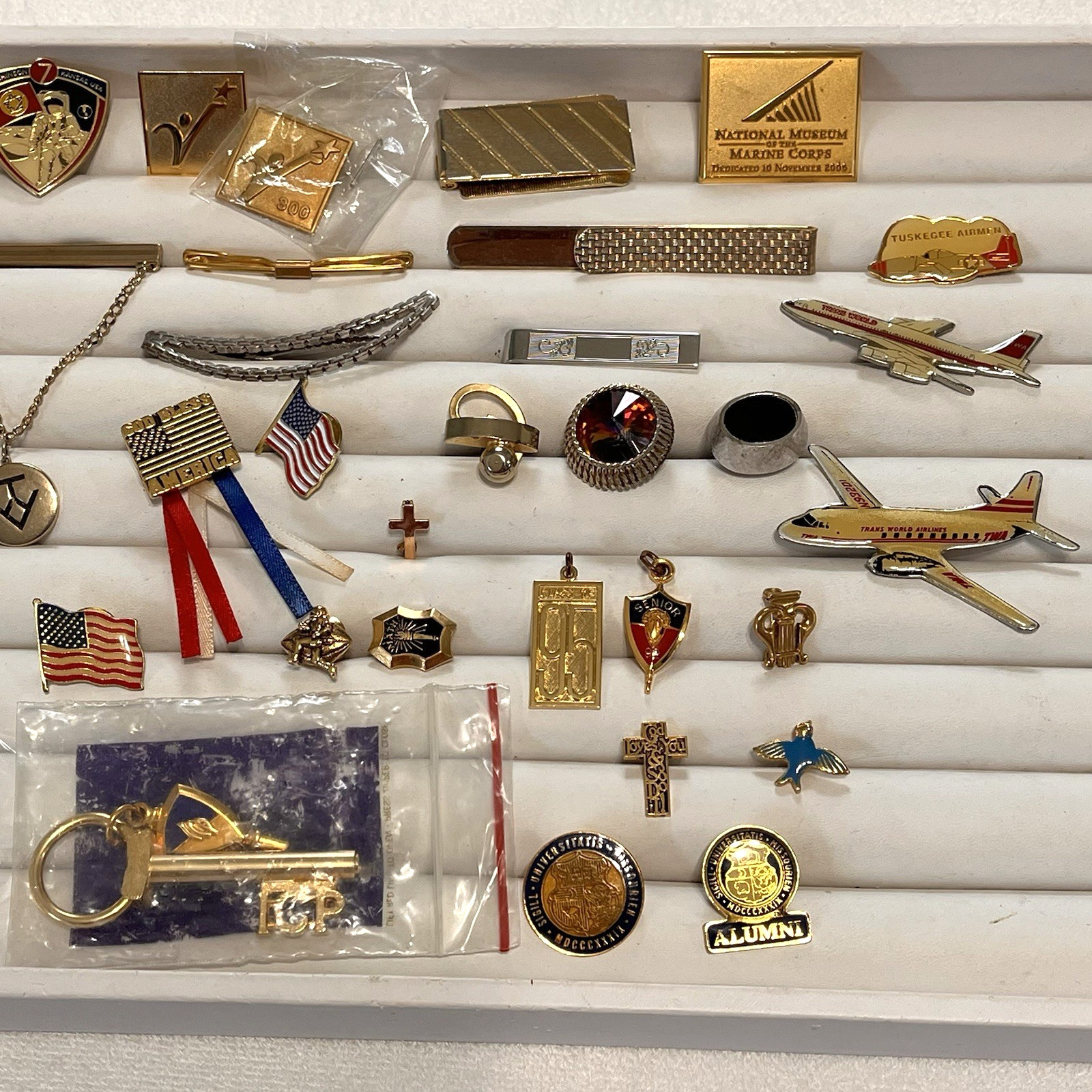 Collection Vintage Junk Drawer Lot Tie Bars Lapel Pins Single Cufflinks 38 Items