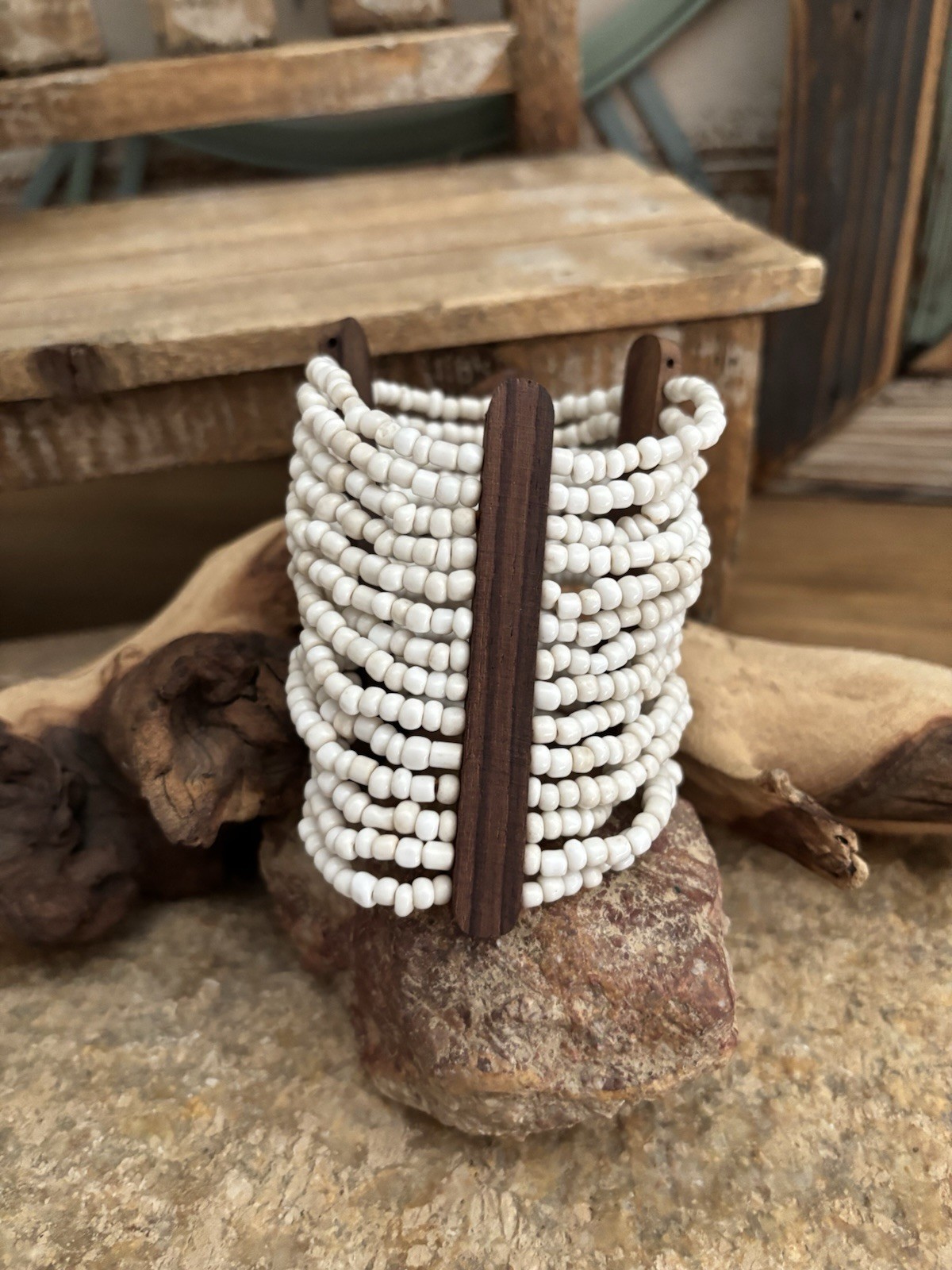 Cuff Bracelet White Seed Bead & Wood Stretch BOHO NEW Read