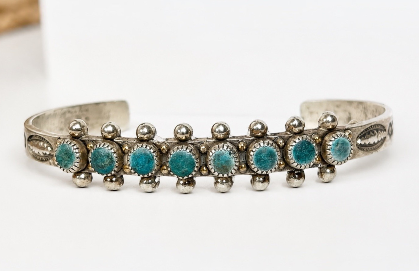 Vintage Fred Harvey Era Zuni Sterling Silver Turquoise Snake Eye Cuff Bracelet S