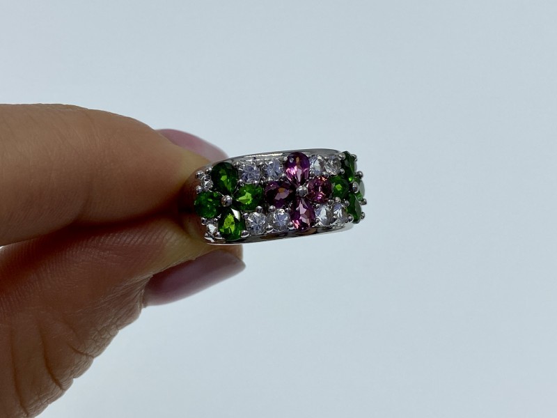 925 Sterling Silver Emerald, Pink Topaz & Goshenite “Flowers” Ring Size 7.5
