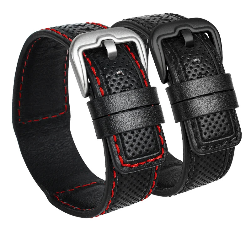 Cowhide Leather Watch Strap for Panerai Dietrich 24mm Black Red Stitch Men Band