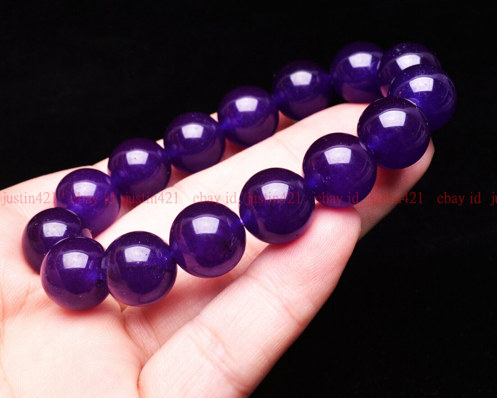 Natural 14mm Purple Jade Round Gemstone Beads Elastic Bracelet 7-9″ AAA+