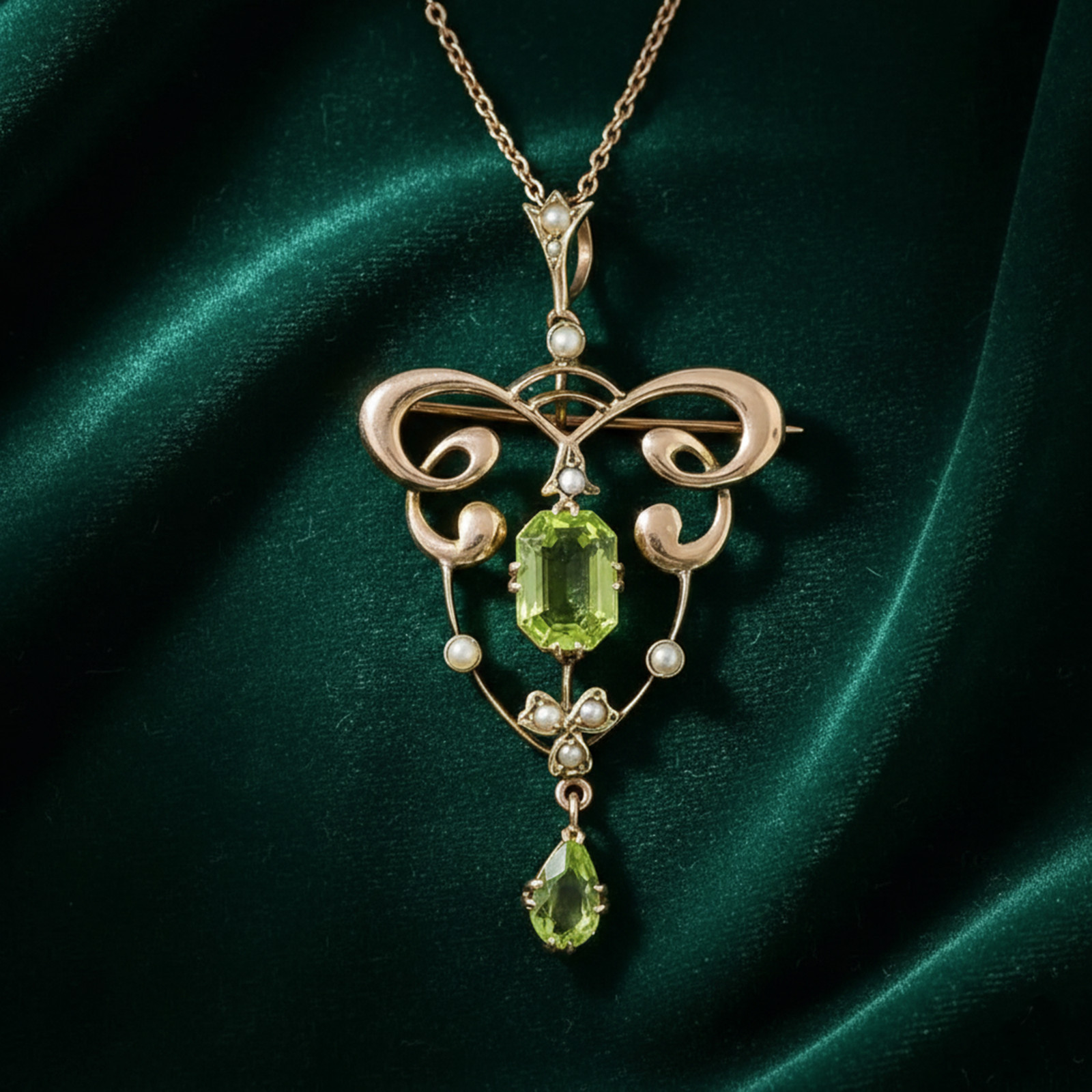 Antique Art Nouveau Seed Pearl Vintage Pendant/Brooch 925 Silver Emerald CZStone