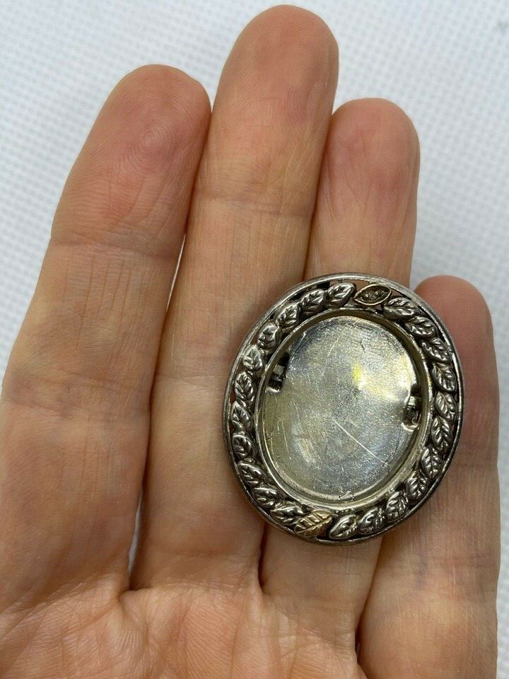925 STERLING SILVER & 1OK GOLD DIAMOND EISEL BACK PICTURE FRAME BROOCH/PENDANT