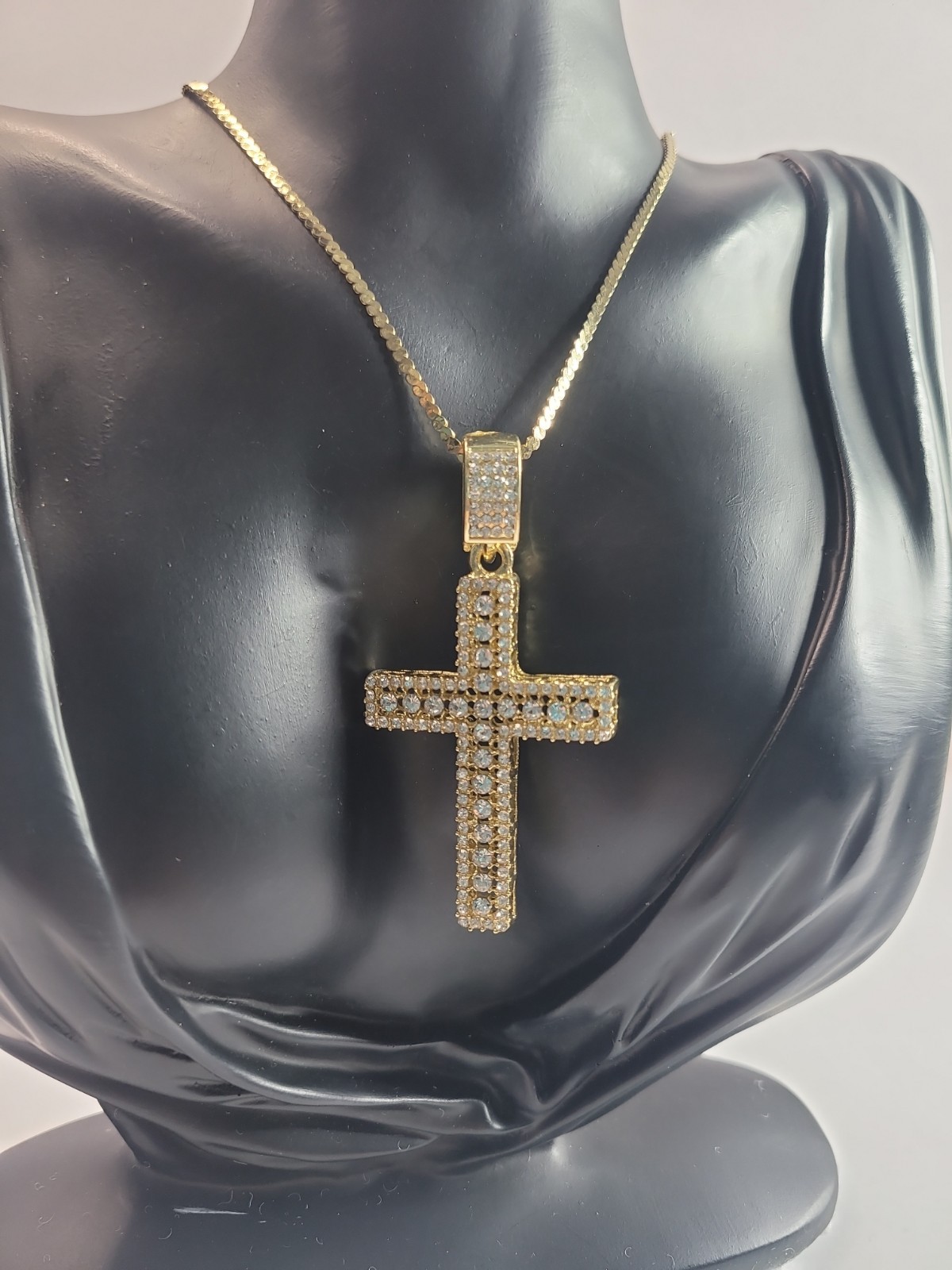 Gold Tone Iced Out Cross Pendant Necklace Clear Rhinestone Pave Hip Hop Style