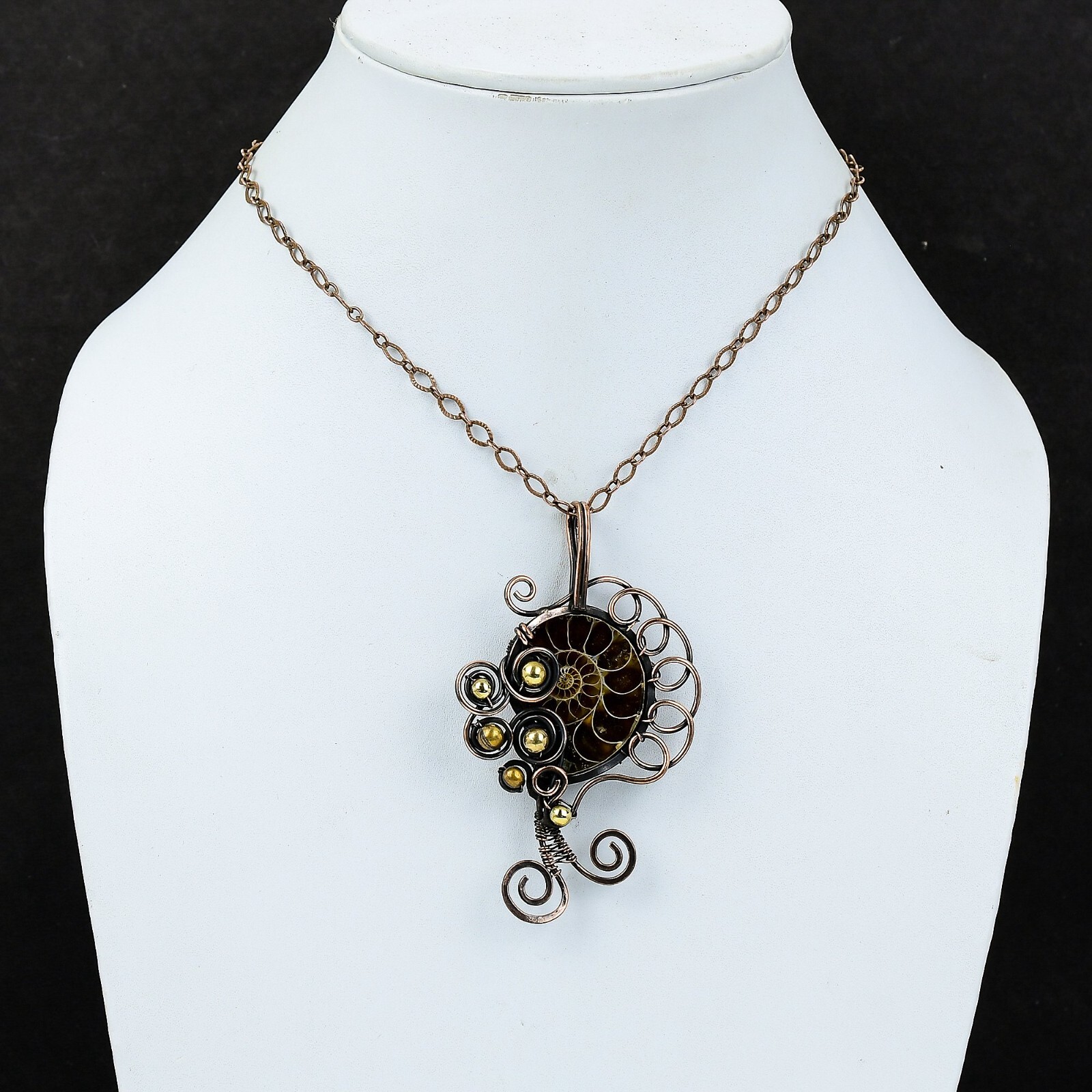 Ammonite Fossil Wire Wrapped Pendant Handcrafted Copper Unique Gift 3.23″