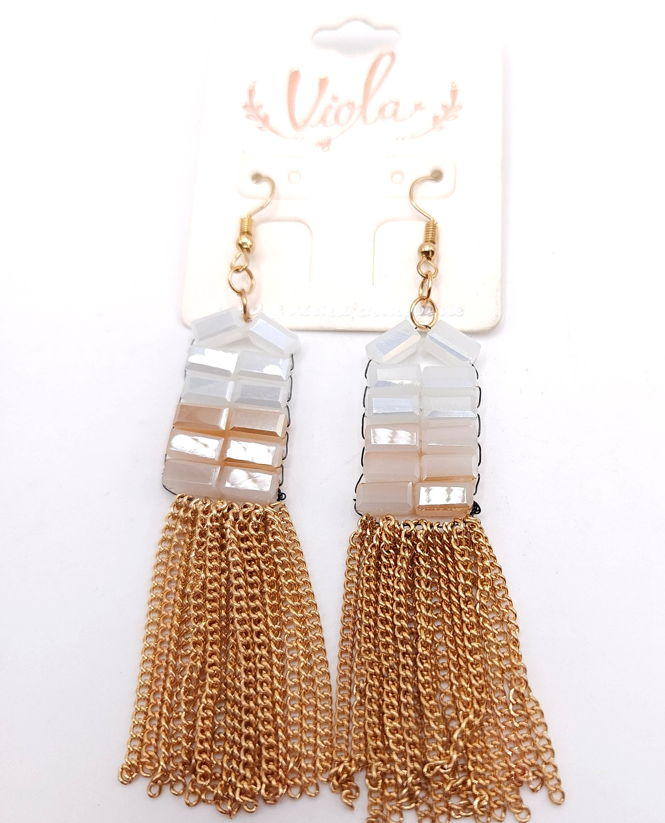 Viola Gold Tassel Dangle Earrings Iridescent Bead Boho Statement Chic