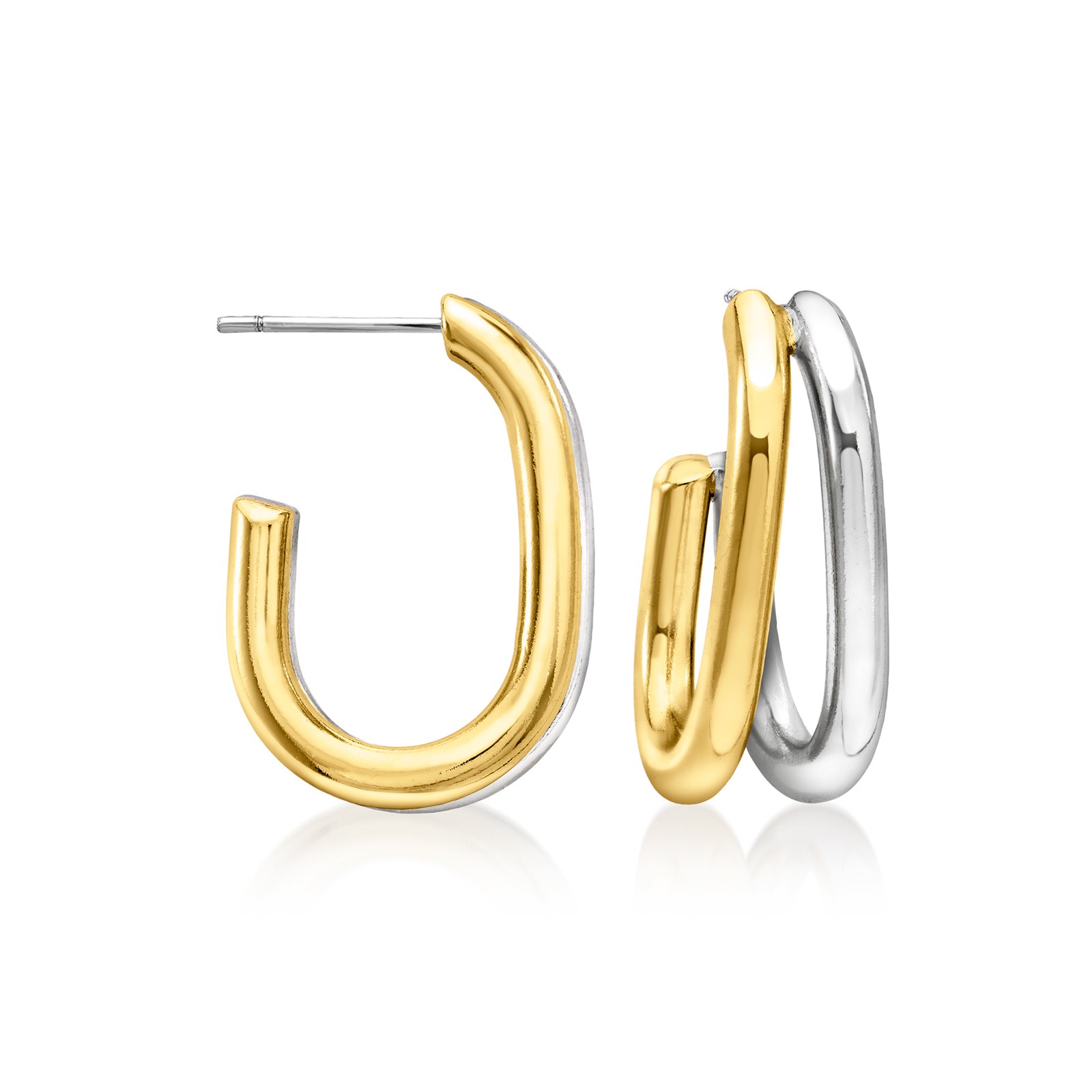 Ross-Simons Silver and 14kt Gold-Plated Double-Row J-Hoop Earrings. 7/8 inches